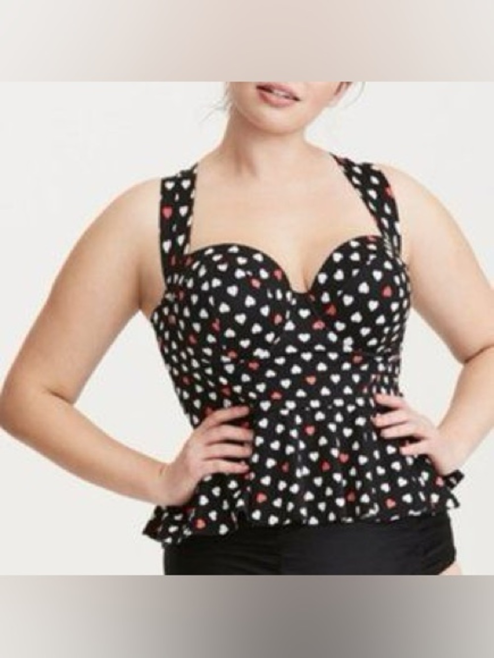Sweetheart Peplum Swim Tank Top in Black with White & Red Heart Print